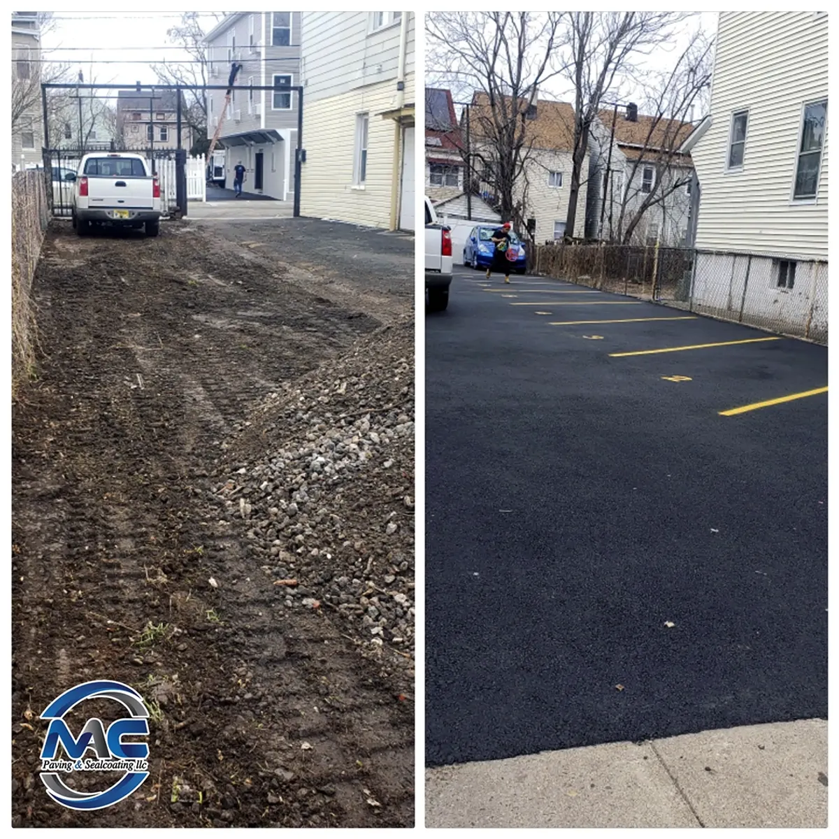 Owner-led crew compacting fresh asphalt in Hudson County NJ